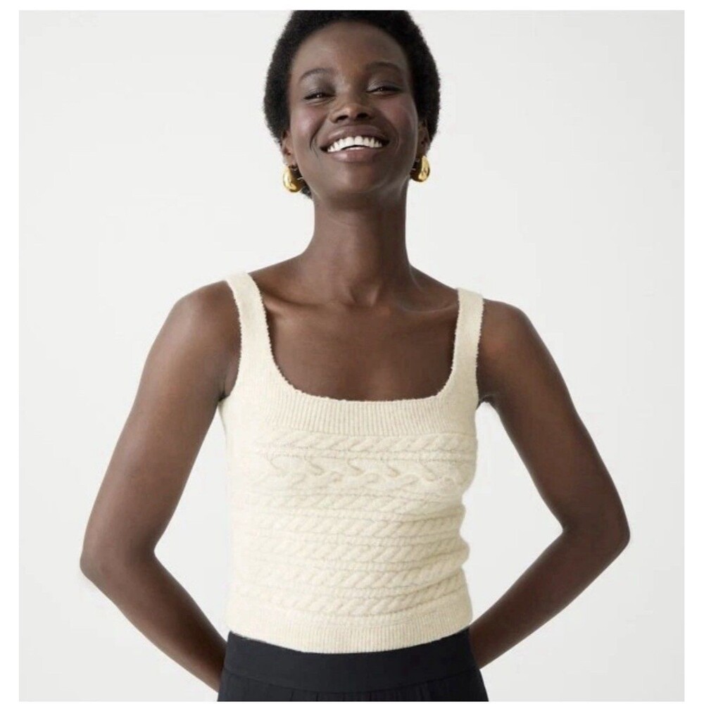 J Crew Cable Knit Tank Top Sleeveless Crop Ivory Cream Square Neck Size M Chic